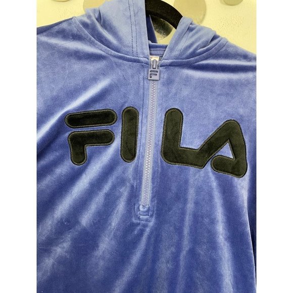 Fila Woman's Sz‎ M Blue Velvet Velour Hoodie Sweatshirt Quarter Zip Pull Over - Picture 4 of 7